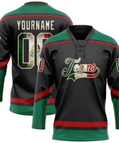 Custom Black Vintage Mexican Flag Cream Kelly Green-Red Hockey Lace Neck Jersey