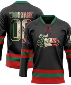 Custom Black Vintage Mexican Flag Cream Red-Kelly Green Hockey Lace Neck Jersey