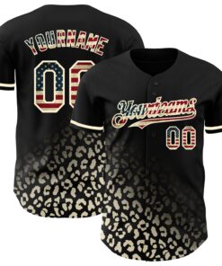 Custom Black Vintage USA Flag-Cream 3D Pattern Design Leopard Print Fade Fashion Authentic Baseball Jersey