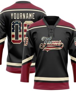 Custom Black Vintage USA Flag Cream-Crimson Hockey Lace Neck Jersey