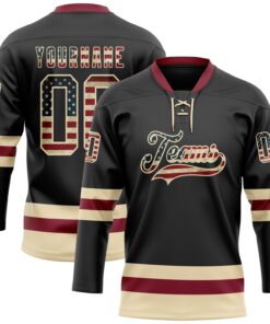Custom Black Vintage USA Flag Cream-Crimson Hockey Lace Neck Jersey