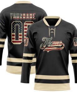 Custom Black Vintage USA Flag-Cream Hockey Lace Neck Jersey