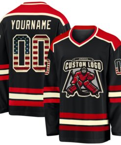 Custom Black Vintage USA Flag Cream-Red Hockey Jersey