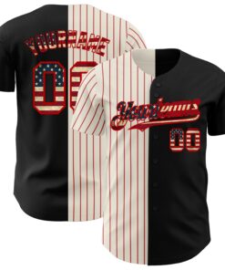 Custom Black Vintage USA Flag Cream-Red Pinstripe Authentic Split Fashion Baseball Jersey