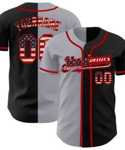 Custom Black Vintage USA Flag Gray-Red Authentic Split Fashion Baseball Jersey