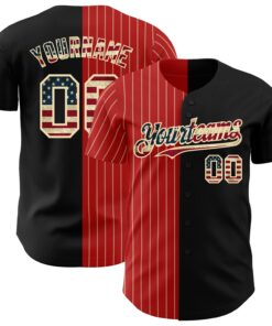 Custom Black Vintage USA Flag Red-Cream Pinstripe Authentic Split Fashion Baseball Jersey