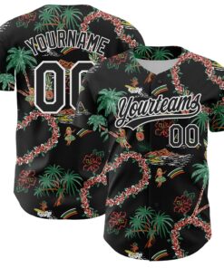 Custom Black White 3D Hawai Island Tropical Palm Tree And Flower Authentic Baseball Jersey