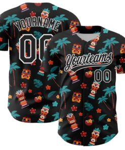Custom Black White 3D Hawai Tropical Palm Tree Flower And Tiki Mask Authentic Baseball Jersey