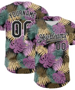 Custom Black White 3D Hawaii Tropical Palm Leaves Authentic Baseball Jersey