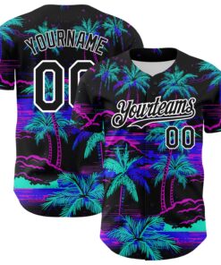 Custom Black White 3D Pattern Design Beach Hawaii Palm Trees Authentic Baseball Jersey