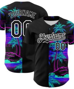 Custom Black White 3D Pattern Design Beach Hawaii Palm Trees Authentic Baseball Jersey