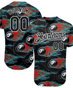 Custom Black White 3D Pattern Design Flaming Billiards Snooker 8 Ball Authentic Baseball Jersey