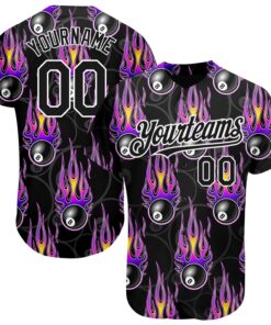 Custom Black White 3D Pattern Design Flaming Billiards Snooker 8 Ball Authentic Baseball Jersey