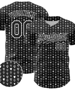 Custom Black White 3D Pattern Design Hearts Authentic Baseball Jersey