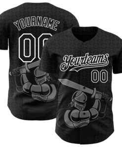 Custom Black White 3D Pattern Design Knight Hero Art Authentic Baseball Jersey