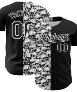 Custom Black White 3D Pattern Design Rave Skull Authentic Baseball Jersey