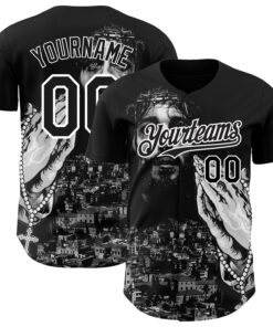 Custom Black White 3D Pattern Design Religion Jesus Christ Authentic Baseball Jersey