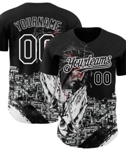 Custom Black White 3D Pattern Design Religion Jesus Christ Authentic Baseball Jersey