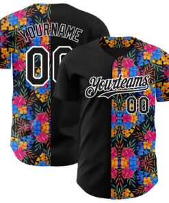 Custom Black White 3D Pattern Design Tropical Flower And Hawaii Palm Leaves Authentic Baseball Jersey