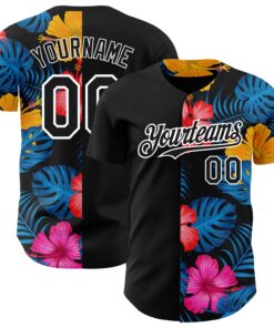 Custom Black White 3D Pattern Design Tropical Flower And Hawaii Palm Leaves Authentic Baseball Jersey