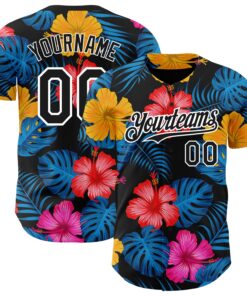 Custom Black White 3D Pattern Design Tropical Flower And Hawaii Palm Leaves Authentic Baseball Jersey