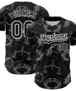 Custom Black White 3D Pattern Design Zodiac Authentic Baseball Jersey