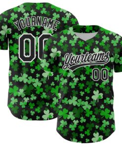 Custom Black White 3D St. Patrick's Day Shamrock Authentic Baseball Jersey