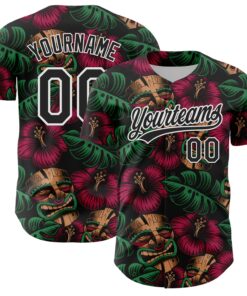 Custom Black White 3D Tropical Hawaii Jungle Leaves And Flower Authentic Baseball Jersey