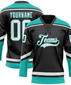Custom Black White-Aqua Hockey Lace Neck Jersey