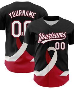 Custom Black White-Crimson 3D Head And Neck Cancer Ribbon Authentic Baseball Jersey