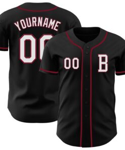 Custom Black White-Crimson Authentic Baseball Jersey