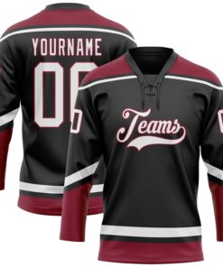 Custom Black White-Crimson Hockey Lace Neck Jersey