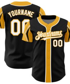 Custom Black White-Gold 3 Colors Arm Shapes Authentic Baseball Jersey