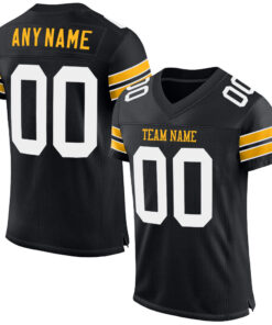 Custom Black White-Gold Mesh Authentic Football Jersey