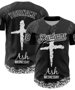Custom Black White-Gray 3D Pattern Design Religion Cross Jesus Christ Ash Wednesday Authentic Baseball Jersey