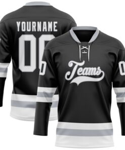 Custom Black White-Gray Hockey Lace Neck Jersey