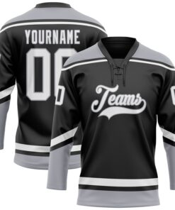 Custom Black White-Gray Hockey Lace Neck Jersey