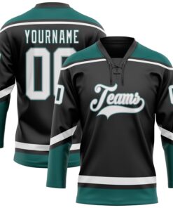 Custom Black White Gray-Midnight Green Hockey Lace Neck Jersey