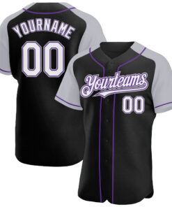 Custom Black White Gray-Purple Authentic Raglan Sleeves Baseball Jersey