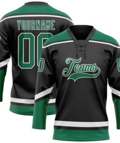 Custom Black White-Kelly Green Hockey Lace Neck Jersey