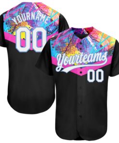 Custom Black White-Light Blue 3D Pattern Design Authentic Baseball Jersey