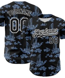 Custom Black White-Light Blue 3D Pattern Design Boats And Fish Authentic Baseball Jersey