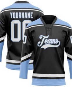 Custom Black White-Light Blue Hockey Lace Neck Jersey