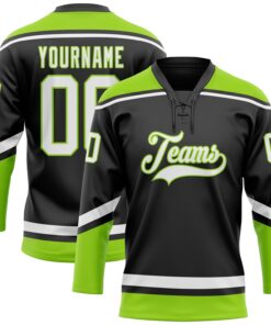 Custom Black White-Neon Green Hockey Lace Neck Jersey