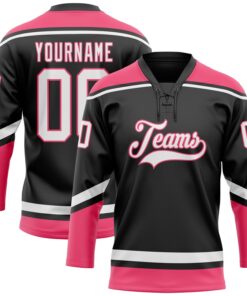 Custom Black White-Neon Pink Hockey Lace Neck Jersey
