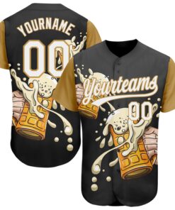 Custom Black White-Old Gold 3D Pattern Design Beer Festival Authentic Baseball Jersey