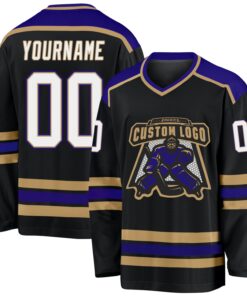 Custom Black White Old Gold-Dark Purple Hockey Jersey