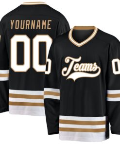 Custom Black White-Old Gold Hockey Jersey