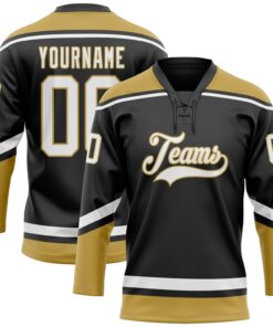 Custom Black White-Old Gold Hockey Lace Neck Jersey