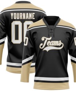Custom Black White-Old Gold Hockey Lace Neck Jersey